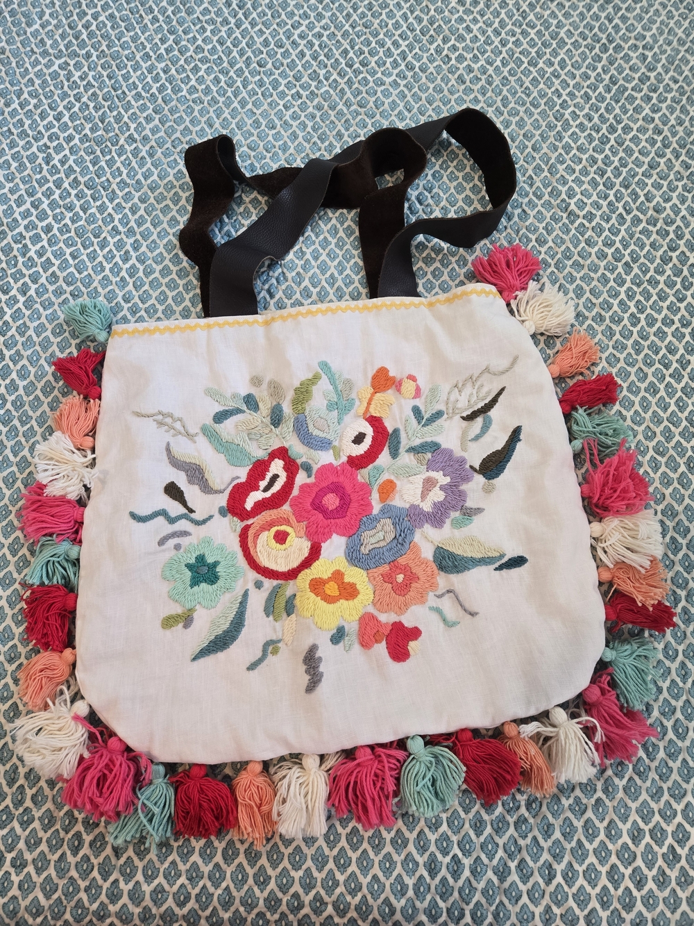 La Troupe hand embroidered Floral Tassel Cotton Tote - Multicolor with leather